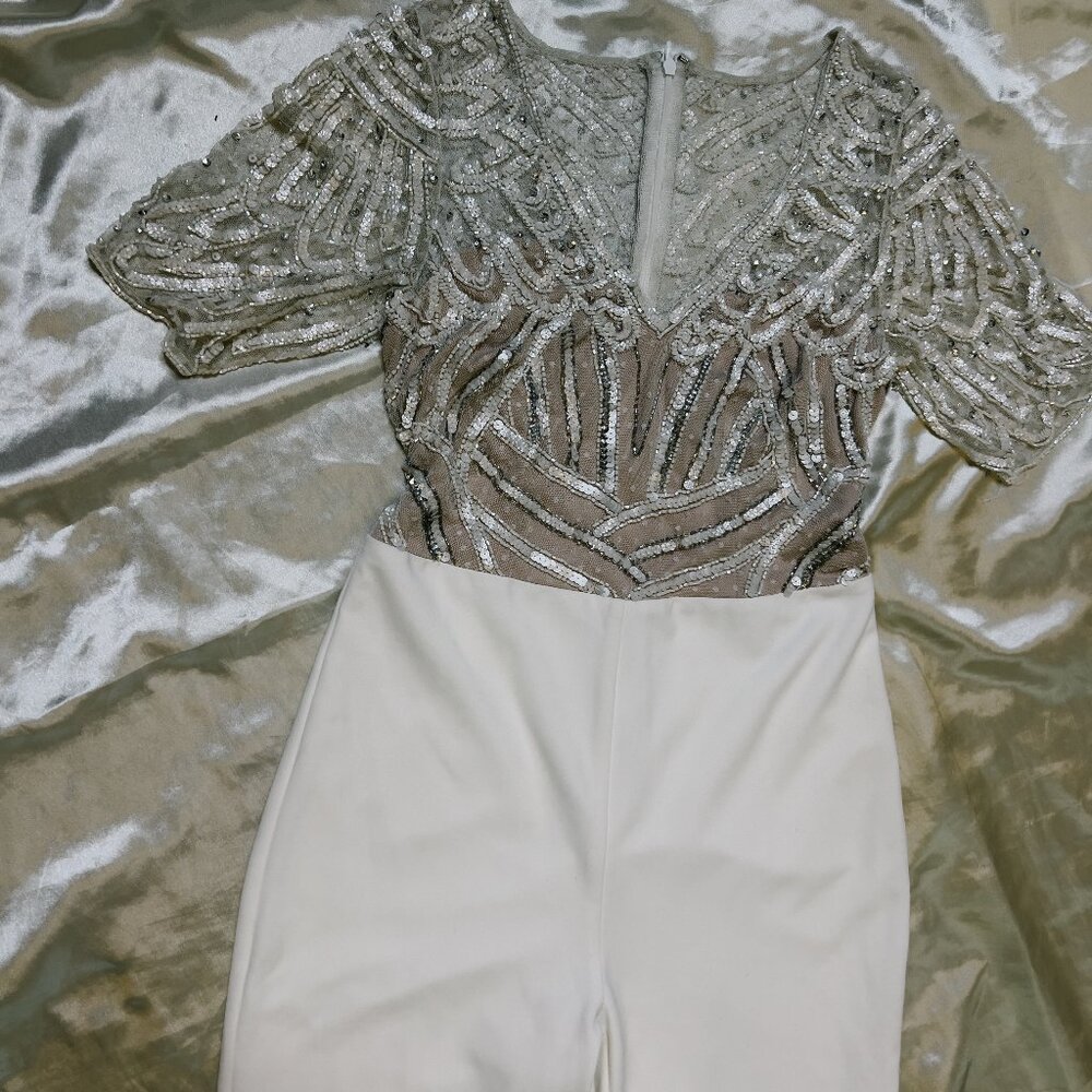 idan Mattox White Sequin Lace Jumpsuit